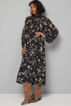 Robe Midi à Col Noué Motif Floral Dévoré
