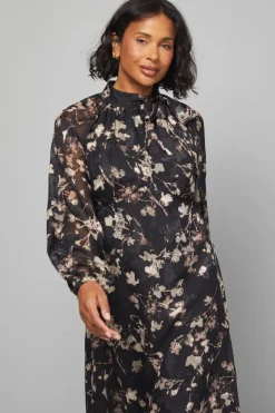 Robe Midi à Col Noué Motif Floral Dévoré