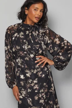 Robe Midi à Col Noué Motif Floral Dévoré