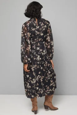 Robe Midi à Col Noué Motif Floral Dévoré