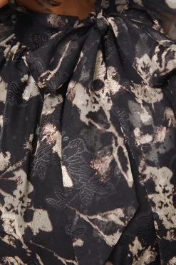 Robe Midi à Col Noué Motif Floral Dévoré