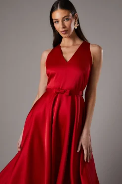 Robe Midi à Col V avec Jupe Volumineuse et Détail Nœud
