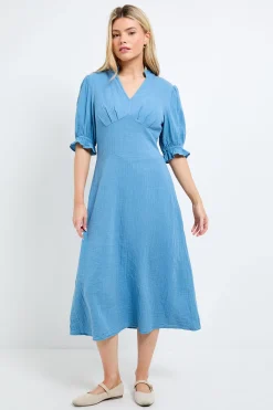 Robe Midi À Col V Avec Manches Bouffantes Et Garniture En Dentelle