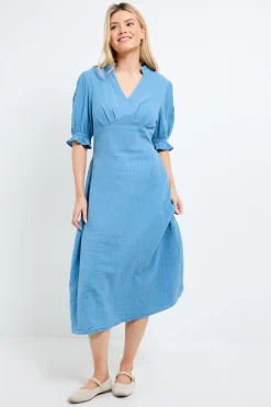Robe Midi À Col V Avec Manches Bouffantes Et Garniture En Dentelle