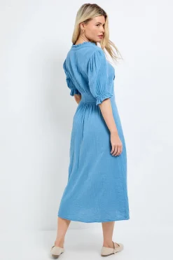 Robe Midi À Col V Avec Manches Bouffantes Et Garniture En Dentelle
