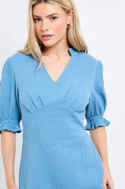 Robe Midi À Col V Avec Manches Bouffantes Et Garniture En Dentelle
