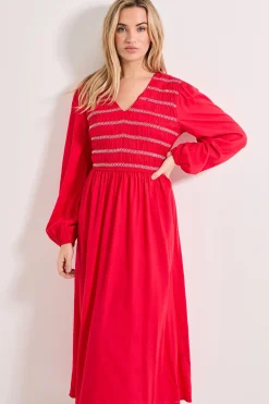 Robe Midi Col V à Corsage Froncé avec Coutures Contrastées