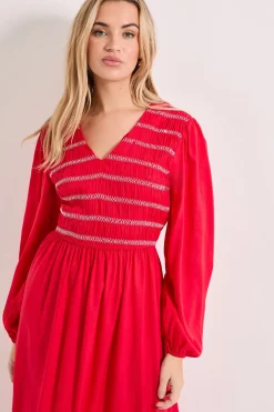 Robe Midi Col V à Corsage Froncé avec Coutures Contrastées