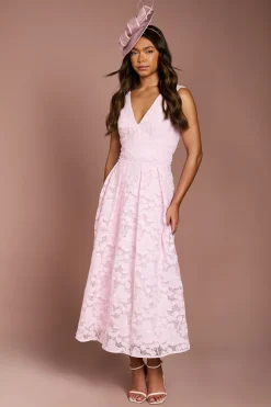 Robe Midi à Col V en Dentelle d'Organza avec Jupe Ample