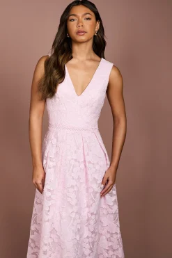Robe Midi à Col V en Dentelle d'Organza avec Jupe Ample