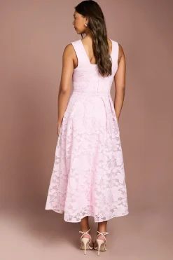 Robe Midi à Col V en Dentelle d'Organza avec Jupe Ample