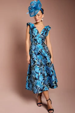 Robe Midi à Col V en Jacquard Fleuri