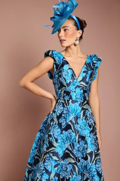 Robe Midi à Col V en Jacquard Fleuri