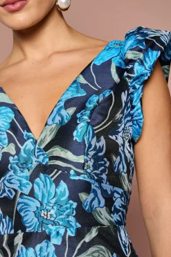 Robe Midi à Col V en Jacquard Fleuri