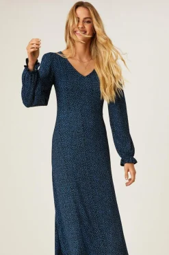 Robe Midi à Col V à Pois Bleus