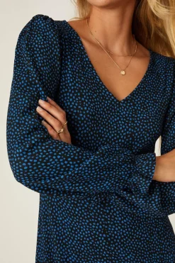 Robe Midi à Col V à Pois Bleus