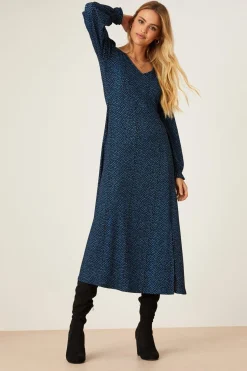 Robe Midi à Col V à Pois Bleus
