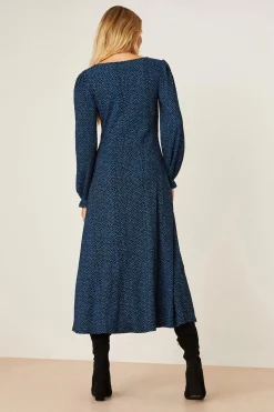 Robe Midi à Col V à Pois Bleus