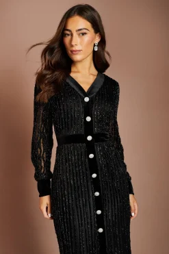 Robe Midi À Col V Texturée Avec Manches Longues Et Détail De Boutons