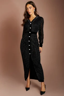 Robe Midi À Col V Texturée Avec Manches Longues Et Détail De Boutons