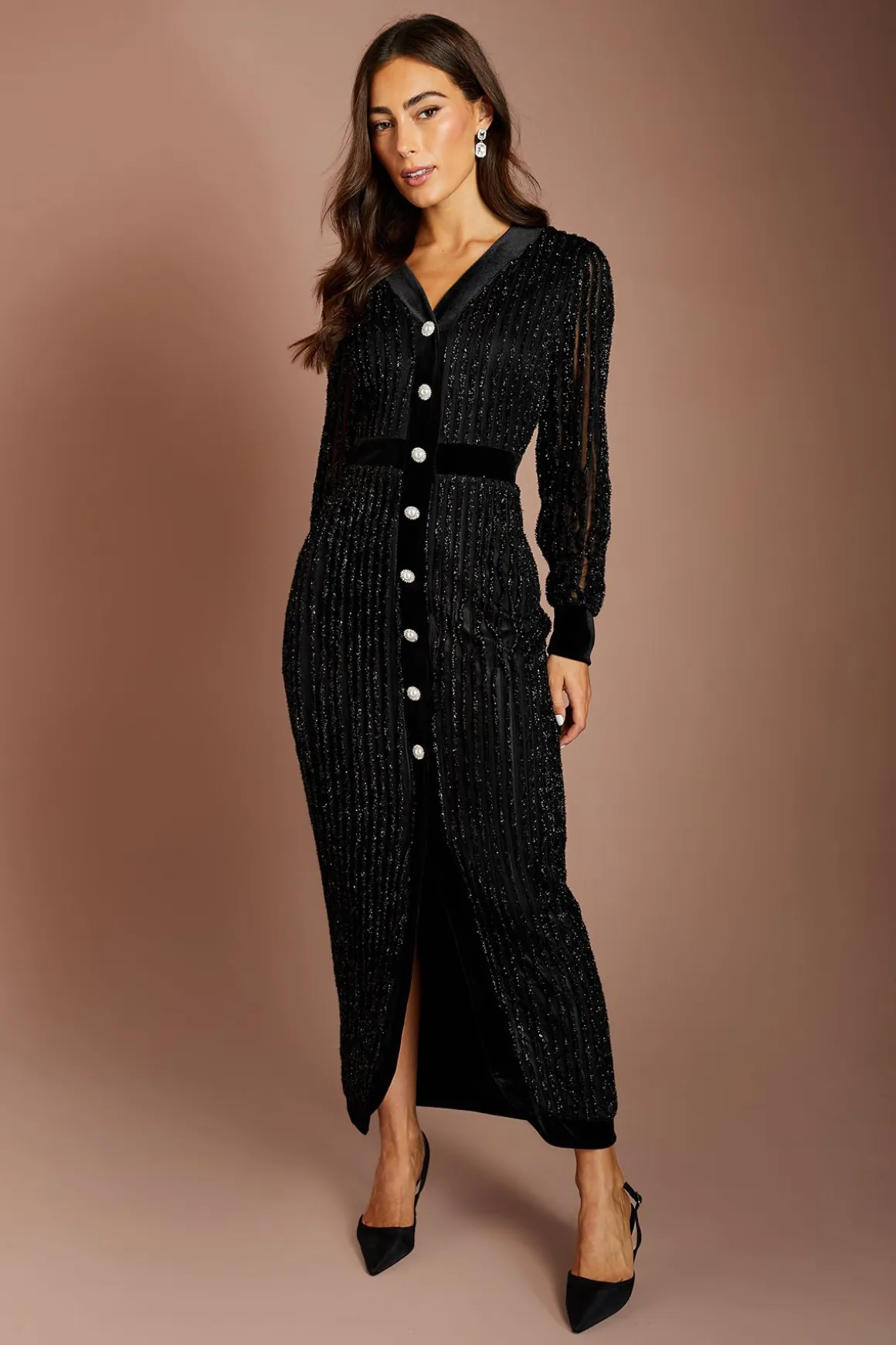 Robe Midi À Col V Texturée Avec Manches Longues Et Détail De Boutons