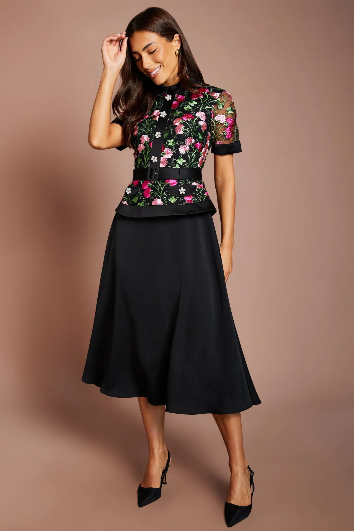Coast Robe Midi À Corsage En Dentelle Manches Courtes Et Jupe En Satin<Femme Robes Mi-Longues|Satin Et Dentelle