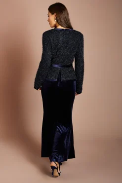 Robe Midi À Corsage En Tweed À Manches Longues Et Jupe En Velours