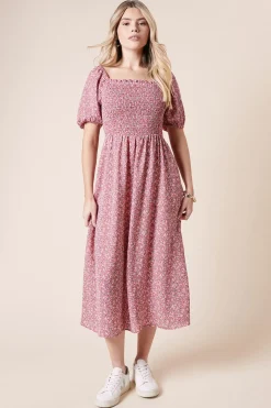 Robe Midi à Corsage Froncé Motif Fleuri