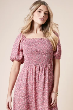 Robe Midi à Corsage Froncé Motif Fleuri