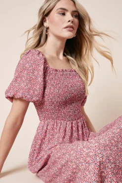Robe Midi à Corsage Froncé Motif Fleuri