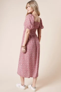 Robe Midi à Corsage Froncé Motif Fleuri