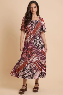 Robe Midi À Corsage Froncé Patchwork Et Manches Volantées
