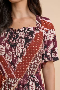 Robe Midi À Corsage Froncé Patchwork Et Manches Volantées