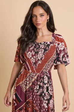 Robe Midi À Corsage Froncé Patchwork Et Manches Volantées