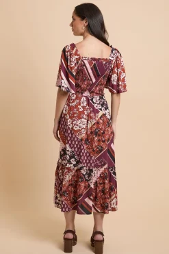 Robe Midi À Corsage Froncé Patchwork Et Manches Volantées