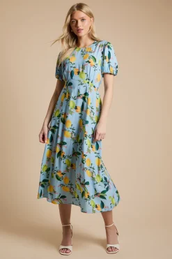 Robe Midi À Couture Empire Et Manches Bouffantes Motif Citron