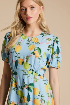 Robe Midi À Couture Empire Et Manches Bouffantes Motif Citron