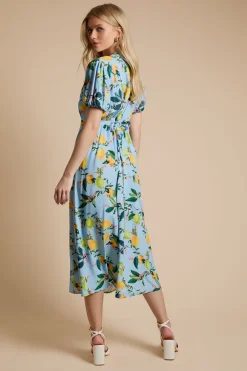 Robe Midi À Couture Empire Et Manches Bouffantes Motif Citron