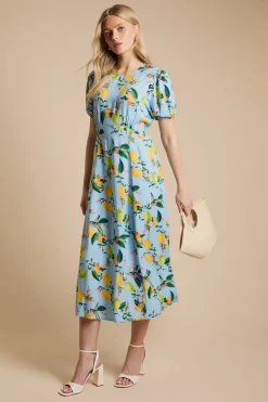 Robe Midi À Couture Empire Et Manches Bouffantes Motif Citron