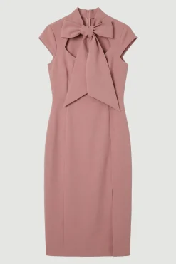 Robe Midi Crayon Ajustée à Col Nœud Papillon en Tissu Stretch Compact