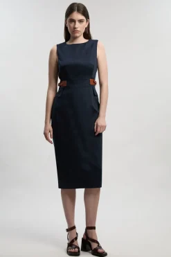 Robe Midi Crayon Ajustée en Lin avec Détail Patte à la Taille