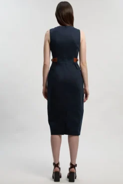 Robe Midi Crayon Ajustée en Lin avec Détail Patte à la Taille