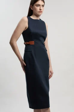 Robe Midi Crayon Ajustée en Lin avec Détail Patte à la Taille