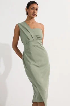 Robe midi crayon ajustée à une épaule avec détails de pinces