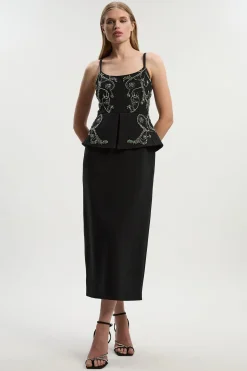 Robe Midi Crayon Bandeau à Basque Ornée de Cristaux Petite