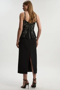 Robe Midi Crayon Bandeau à Basque Ornée de Cristaux Petite