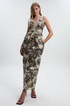 Robe Midi Crayon Bustier à Décolleté Plongeant en Jacquard Fleuri
