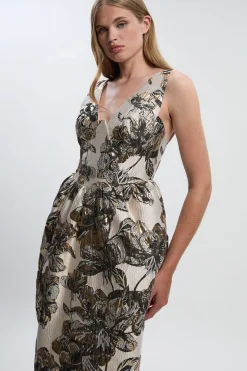 Robe Midi Crayon Bustier à Décolleté Plongeant en Jacquard Fleuri