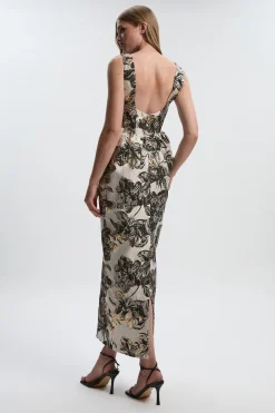 Robe Midi Crayon Bustier à Décolleté Plongeant en Jacquard Fleuri