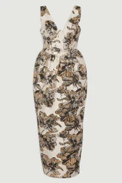 Robe Midi Crayon Bustier à Décolleté Plongeant en Jacquard Fleuri